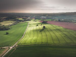 Aerial shot beautiful green field with trees gray sky real estate due diligence in Brazil