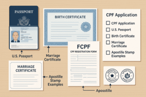 Required Documents for CPF Application - Complete visual guide showing passport, birth certificate, forms and apostille